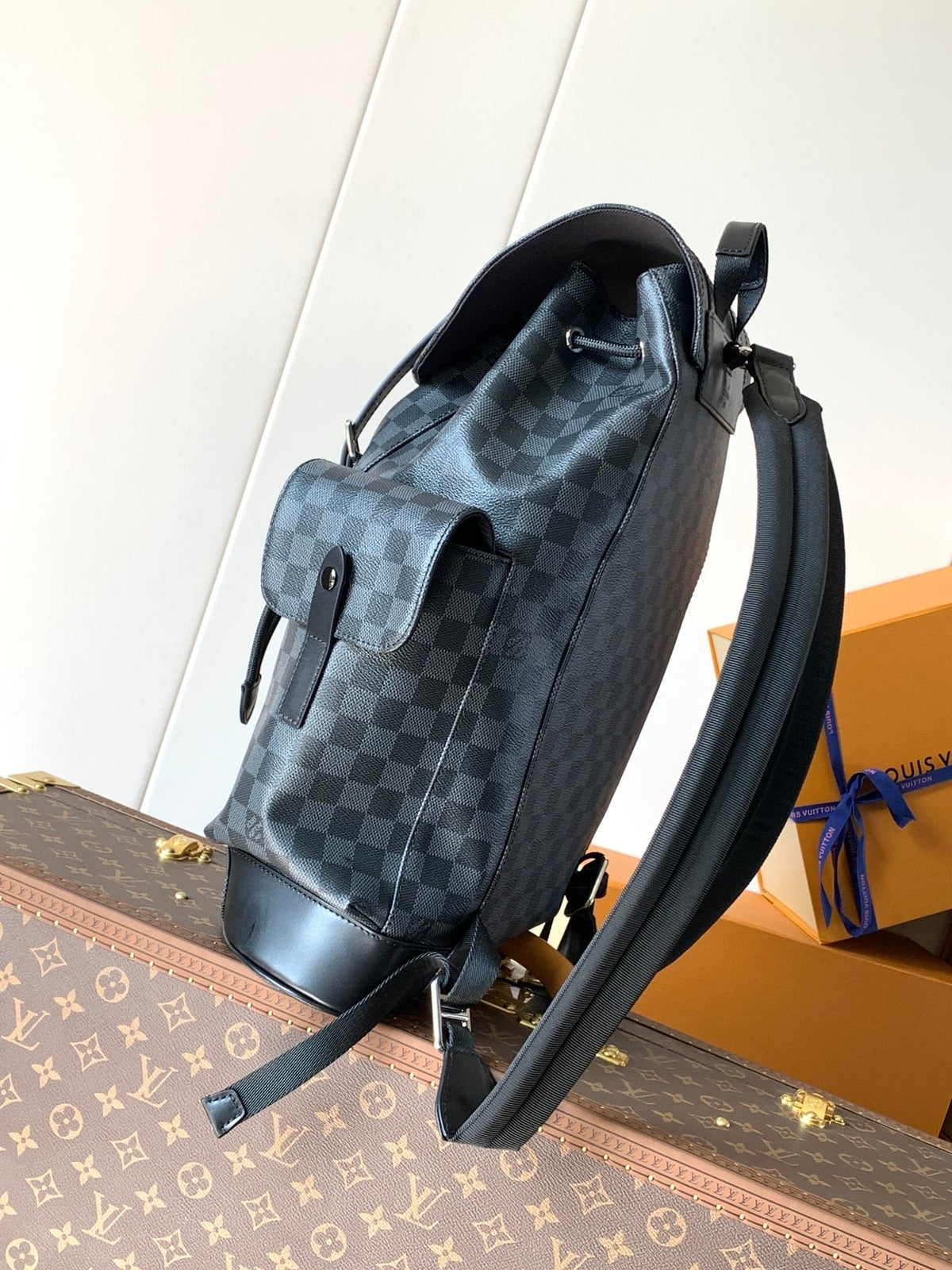 CHRISTOPHER MM BACKPACK 47 IN BLACK DAMIER GRAPHITE CANVAS