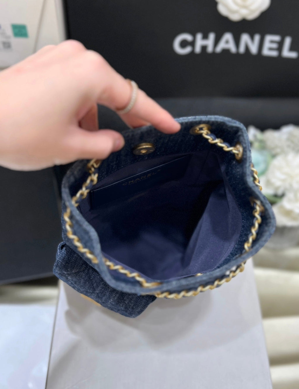 DRAWSTRING BUCKET BACKPACK 24 IN DARK BLUE DENIM GOLD HARDWARE